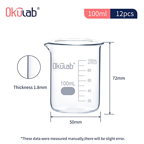 Okulab 100 mL Glass Beaker, Low Form, Graduated 3.3 Borosilicate Glass Beaker Set (case of 12) for Lab, Classroom, Craft, Kitchen.BKLG100B12 - Thumbnail 4