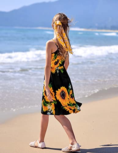 Arshiner Girls' Casual Dresses Spaghetti Strap Above Knee Sundress Sunflower Black 12-13Y #TOP24