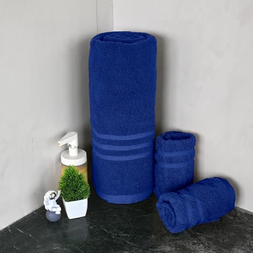 Image of Divine Casa Cotton Towel Set 1 Bath + 2 Hand Towels Blue, 550 GSM Ultra Soft & Highly Absorbent, Bath 150 x 75 cm & Hand 60 x 40 cm
