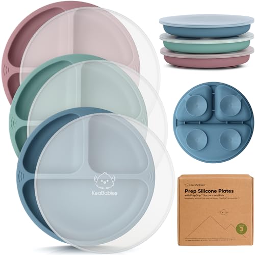 Image of KeaBabies Suction Plates with Lids for Baby - 3-Pack 100% Silicone Toddler Plates with Suction, Divided, BPA-Free Baby Led Weaning Essentials for Kids, Dishwasher, Microwave Safe, Durable (Quantum)