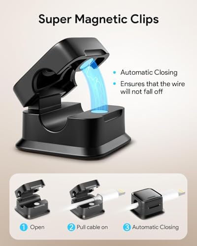 Image of Magnetic Cable Holder for Wall & Desk - Self Adhesive Cable Organizer Clips for Charging Cables, USB, Type C, Lightning, HDMI (Black 6)
