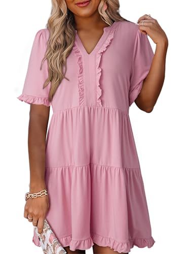 Image of Dokotoo Womens Summer Dresses 2026 V Neck A Line Short Sleeve Casual Ruffle Babydoll Mini Dress