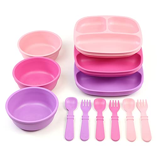 Re-Play Toddler Dinnerware Set - 3 Divided Plates, 3 Snack Bowls & 3 Fork and Spoon Sets - BPA-Free Kids Tableware - Dishwasher Safe - Made in USA from Recycled Materials, Princess by Re-Play - Used condition - US$20.91