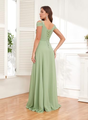 Off Shoulder Chiffon Bridesmaid Dresses for Women 2025 with Slit Long Ruched Wedding Guest Formal Prom Dress2