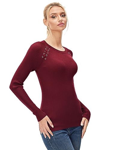 Image of AmelieBoutik Women Crewneck Criss Cross Raglan Long Sleeve Ribbed Sweater(Red Medium)