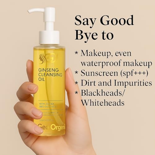 Image of Ginseng Cleansing Oil with Ginseng Root Extract, Jojoba Oil, Vitamin E | Makeup Remover, For Lips, Eyes and Face & Face Cleanser for All Skin Types | Brighten the Skin | Soft and Glowing Skin | Non-Comedogenic, Preservative Free (100gm) Pack of 2, 200ml