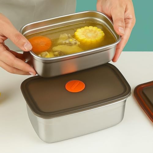 Image of SOLIGT CHONGZFU Stainless Steel Food Storage Containers With Airtight Lids Set, Stackable Leak Proof Metal Container Kitchen Storage Set, Draining Crisper Refrigerator Food Box, Silver 1500 ML 3 Pcs