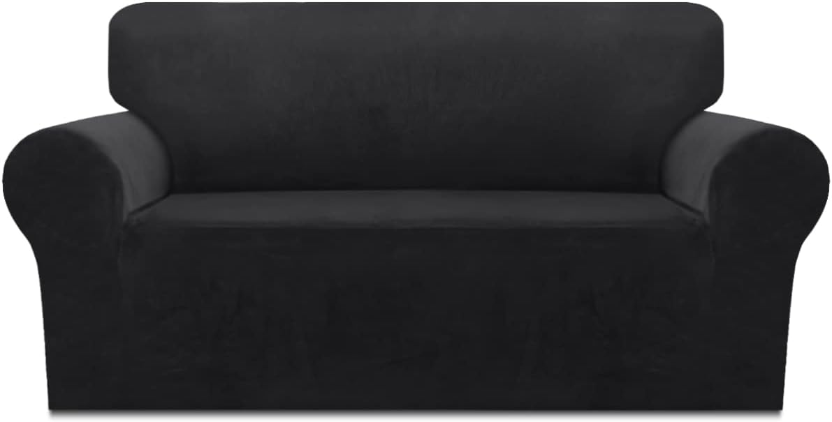 Velvet Stretch Sofa Covers Loveseat Couch Covers for 2 Cushion Couch Loveseat Covers for Living Room, Loveseat Slipcovers Pets Friendly, Thick Soft Washable, Secure with Strap (58"-72, Black)
