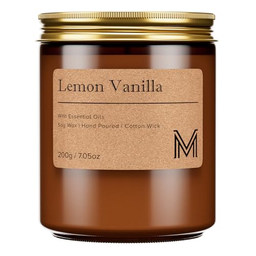 M&SENSE Candele alla Soia 200g, Limone Vaniglia, 35H Combustione, Naturale Candela Non Tossico, Vetro Marrone Vintage, Mano Colata per Aromaterapia Relax, Regalo di Lusso Mamma