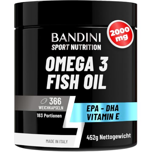 Bandini® Omega 3-366 Softgels, 2000 mg reines Fischöl mit 600mg bioaktiven Triglyceriden EPA und DHA | Fettsäuren für Herz und Gehirn | 2 Softgels/Tag für 6 Monate Versorgung | hochdosiert, GMO-frei
