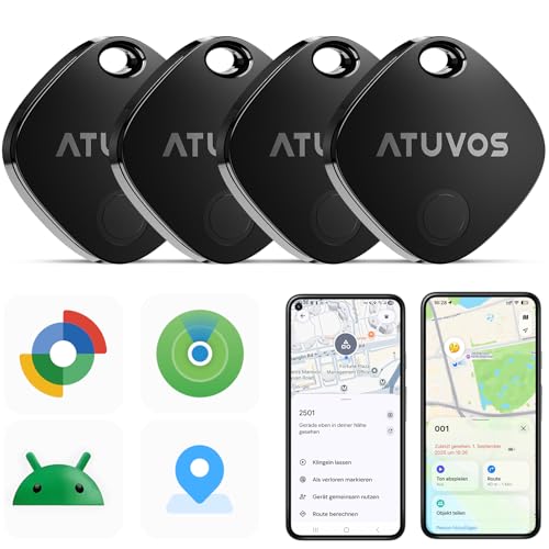 ATUVOS Air Tag Pro Smart Tags Tracker für Android & iOS, Neu Dual-System Schlüsselfinder kompatibel mit Google Mein Gerät finden or Apple Wo ist? App, Smarttag Key Finder für Gepäck, Koffer, 4er Pack.
