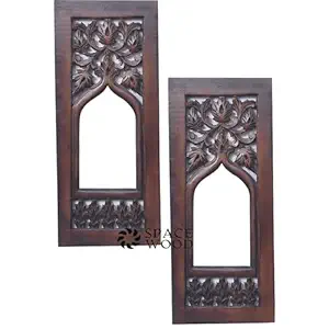 SPACE WOOD Wood Painted Wall Hanging Jharokha Inside Mirror, Wooden Wall Hanging, Wall Panel (17x7.5,) inches Set of Two.(Brown), Rectangular, Framed (Design 1)