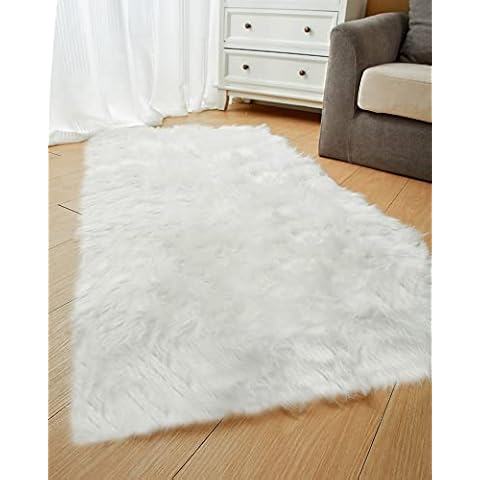 TTLOJ Faux Fur Rug for Bedroom Decor, Washable Fluffy Area Rugs for Nursery Room, Living Room, Carpet Rugs for Kids, Durable Rubber Backing, Rectangle, 6x9 feet White Cover
