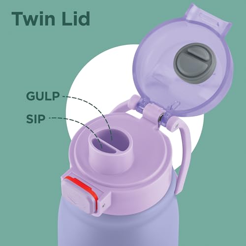 Image of MILTON Reva 1000 ISI Certified Stainless Steel Water Bottle with Twin Lid Sip or Gulp, 1 Litre | Single Wall, BPA-Free, Leakproof | Sturdy Handle | Ideal for Home, Office, Gym & Travel, Purple