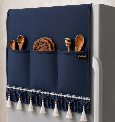 Image of Refrigerator Single Door Waterproof, Dustproof, Protective Cover for Fridges with Extra Storage Space Nylon Top Cover with 6 Storage Pockets (130 x 54 cm) (Navy Blue Lace)
