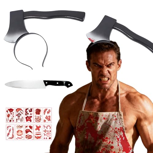 Betensh Fato de açougueiro sangrento, disfarce de Halloween homem adulto, diadema faca Halloween, faca disfarce, disfarce de terror adulto, avental Halloween, autocolantes de ciclismo