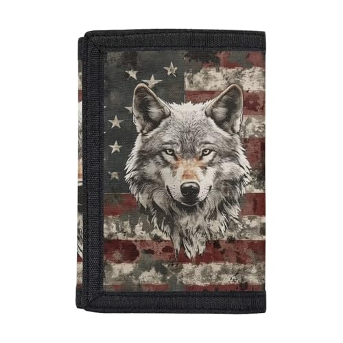 GIFTPUZZ Wallet for Boys American Flag with Wolf Camo Wallet Teens Trifold Wallet for Men with Cash Pocket and Card Holder Boys Sports Wallets Lightweight