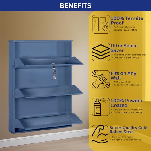 Image of DELITE KOM 29 Inch Wide, 3 Shelf Metal Shoe Rack Wall Mounted for Home with Central Lock Holds Upto 12 Shoes or 18 Slippers Pair | 1 Year Warranty | (41 x 29 x 5, Graphite Grey) DIY Space Saving
