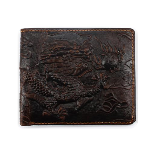 Mens Leather Genuine Extra Capacity Wallet Bifold Slim Brown Front Pocket Engraved Dragon Medifier Wallets with Credit Card Holder ID Window for Men women Husband Boyfriend Him Gifts Vertical Style