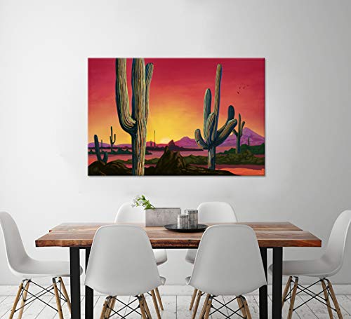 Ihappywall Large Saguaros Landscape Canvas Wall Art Sunset Arizona Cactus Orange Background Sonoran Desert Picture Gallery Wrapped Canvas Art For Home Bedroom Decoration Ready To Hang 24X36Inch #TOP2