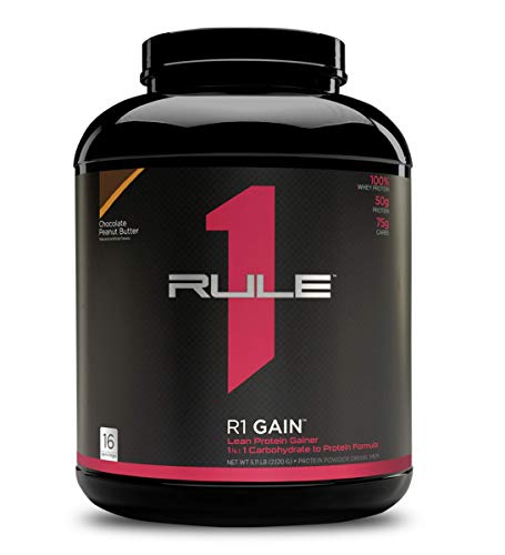 Rule One Proteins, R1 Gain - Chocolate Peanut Butter, High-Protein Lean Gain Formula with 50g all-Whey Protein (Primarily Isolate), over 500 Calories, 75g Carbs, Under 6g of Fat, 5 Pounds, 16 Servings