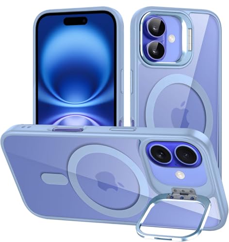 Image of Elzzi Kickstand Case for iPhone 16 Case Compatible with MagSafe, Built-in Adjustable Camera Guard Stand, Translucent Matte Anti-Fingerprint Heavy Duty Shockproof Phone Cover - Official Blue