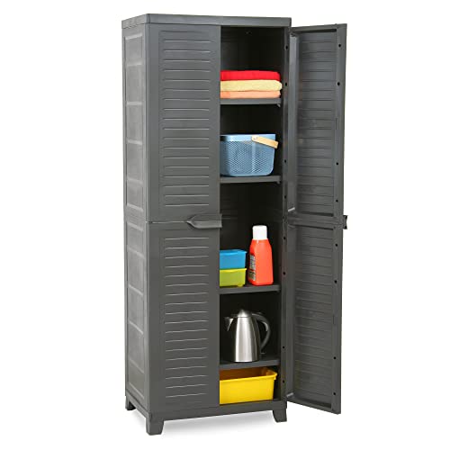 Ram Quality Products Heavy Duty Plastic Adjustable 4 Shelf Storage Utility Cabinet with Lockable Double Doors, Anthracite Gray