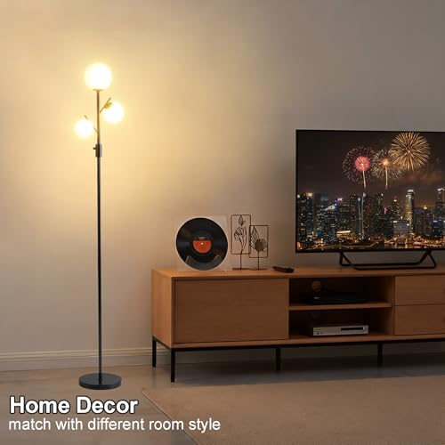 Image of Fiqevs Mid Century Modern 3 Globe Tree Floor Lamp - Dimmable LED Standing Lamp with Bulbs, Warm Light for Living Room Bedroom Office - Black