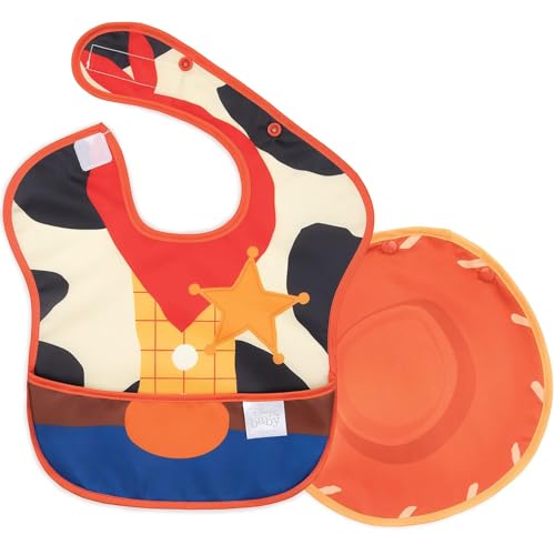 Image of Bumkins Disney Bibs for Girl or Boy, SuperBib with Cape for Baby and Toddler 6-24 Months, Essential Must Have for Eating, Feeding, Baby Led Weaning Supplies, Mess Saving Catch Food, Toy Story Woody