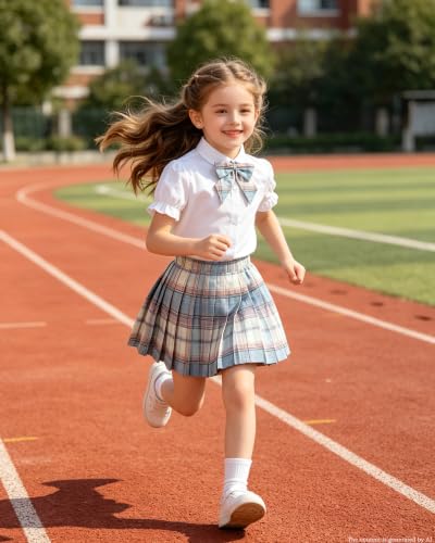 Image of Betusline Girls Skirt Set JK School Uniform 2-Piece Outfit - Short Sleeve Shirt with Bow & Pleated Skirt 4T-14Y