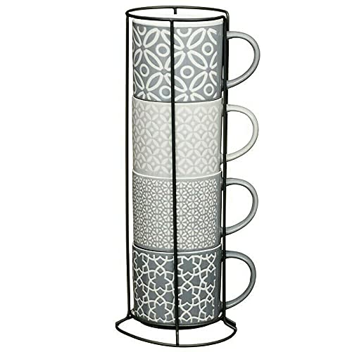 HomeDecor4u- New Geo Set of 4 Jumbo Embossed Stacking Tea Coffee Mugs Grey with Metal Stand