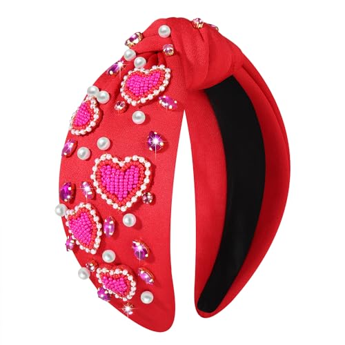 CEALXHENY Valentine’s Day Headbands Accessories for Women Hot Pink Beaded Heart Headband Crystal Knotted Hairband Jeweled Wide Top Knot Hairband Valentine’s Day Gifts (Red Heart B)