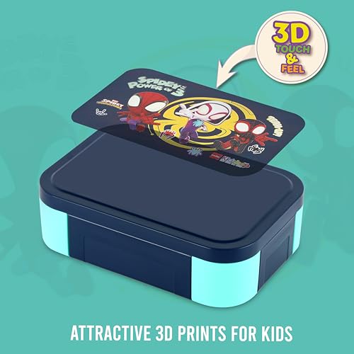 Image of CELLO Kidzbee Galaxy Web Warriors Insulated Kids Lunch Box with Inner Steel Box, Navy Blue | 3D Touch & Feel Designs Tiffin Box | Leak Proof & Break Resistant | Ideal for School & Picnic