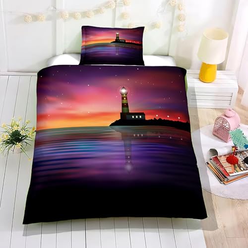 Treer Funda Nórdica Reversible Verano, 3D Faro Funda Edredón Microfibra Transpirable Suave, Refrescantes Todo el Ano, para Individual Matrimonio (Vista Nocturna,180x220cm)