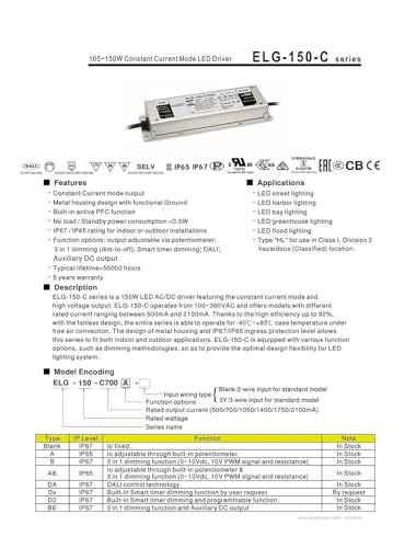 Pilote LED ELG-150-C2100A 150W 2100mA transfo étanche de rechange