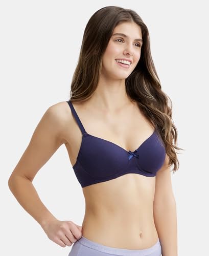 Image of Jockey FE23 Women Wirefree Padded Super Combed Cotton Elastane Stretch Medium Coverage T-Shirt Bra with Detachable Straps