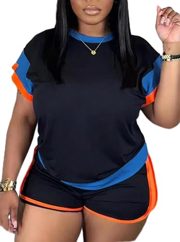 LovelyWholesale Women 2 Piece Outfits Color Block T Shirt with Shorts Set Summer Tracksuit