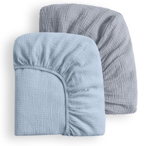 Image of Blissful Diary Muslin Mini Crib Sheets, 2 Pack, Light Blue & Grey | fitted for pack n play, soft and breathable cotton, boho style, easy care for machine wash, gifts for boys and girls