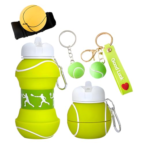 GlibberToy Borraccia Silicone Design Tennis per Bambini e Adulti, Borraccia Silicone con Portachiavi Tennis, Bottiglia Richiudibile da 550 ml, Sfera da polso, Adatta Scuola, Viaggi All'aperto e Sport