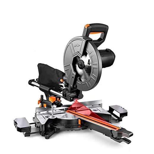 TACKLIFE 10-Inch Sliding Compound Miter Saw, 15 Amp Motor with Double Speed (4500 RPM & 3200 RPM), 3 Blades, Bevel Cut (0°-45°), Red Laser, Extension Table, Iron Blade Guard - EMS01A