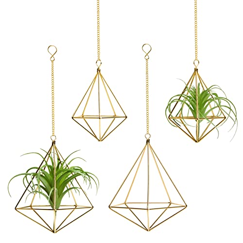 libproqia 4 Pcs Geometric Himmeli Air Plant Holders - Metal Tillandsia Display Hangers with Chains, 2 Sizes (Small & Large) - Gold Home Decor, Housewarming Gift, Boho Wall or Ceiling Hanging Planter