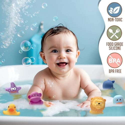 Image of Amazon Brand - Jam & Honey Baby Bath Toy Set of 13 for Toddlers I Colorful Combo of sea, Domestic and Wild Animals I Floating Chuchu Toys (Multicolor)