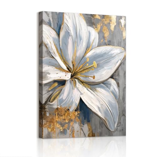 WENGTIAO Stampa su Tela Grigio Bianco Oro Gigli Fiori Con Cornice Quadro su Tela con Floreale Quadri Moderni Soggiorno Casa Camera da Letto Decorazioni Parete 30x40 cm