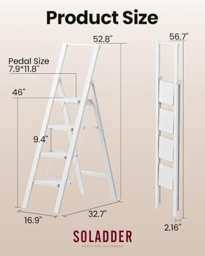 Image of SOLADDER Step Ladder 4 Step Folding Stool with Anti-Slip Widened Sturdy Pedal and Handgrip, Portable and Multi-Use Iron Stepladder for Home, Kitchen, 300 lbs Capacity -Pure White