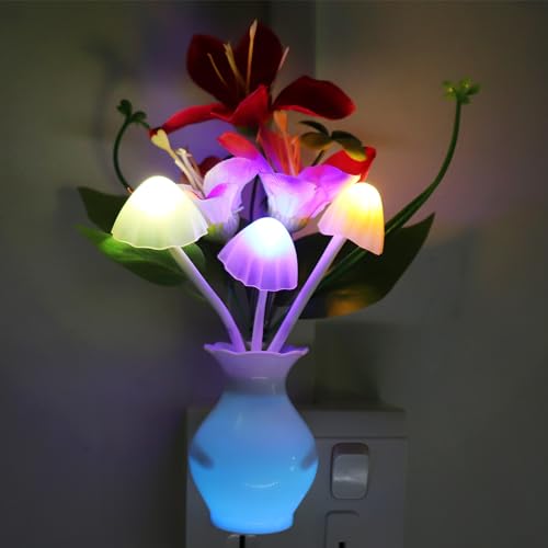 Image of AUSAYE 4PCS Plug-in Night Light with Auto Light Sensor,RGB LED Mushroom Night Light Wall Red Lily Flower Lamp for Adults Kids Nursery Room,Bedroom,Lounge,Hallway,Stairs