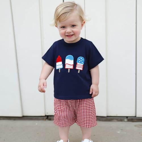 Image of 4th Of July Toddler Boy Outfit Popsicle American Flag T-Shirt and Gingham Plaid Shorts Set Independence Day Clothes