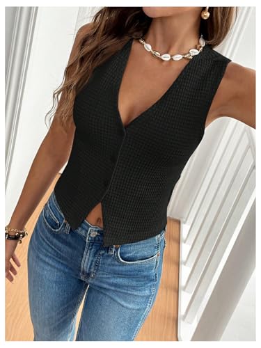 Image of GORGLITTER Women's Sleeveless Knit Sweater Vest Top Dressy Trendy Business Casual Button Up Work Blazer Vests Waistcoat Black Small