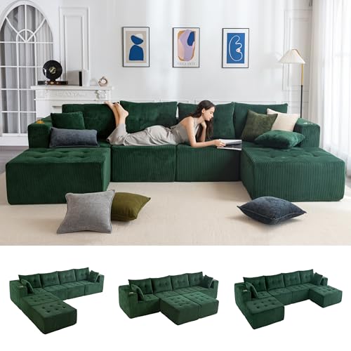 MAXYOYO Modular Sectional Sofa Couch, U Shaped Modern Cloud Couch with 2 Ottomans, Sofa in A Box, Tufted 6-Seat Boneless Sleeper Chair for Living Room, No Assembly Required, Green