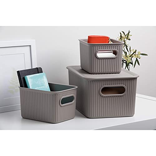 Superio Ribbed Collection - Decorative Plastic Lidded Home Storage Bins Organizer Baskets, Medium Taupe (1 Pack - 5 Liter) Stackable Container Box, For Organizing Closet Shelves Drawer Shelf #TOP3