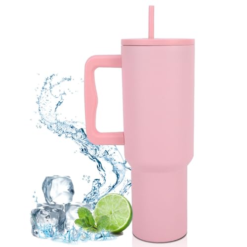 NAVESO Tumbler with Straw and Lid Pink, 40OZ 1200ml Tumbler Cup with Handle, Travel Mug Tumbler with Straw Lid, Double Wall Vacuum Stainless Steel Tumbler with Straw for Hot, Cold Drinks(Light Pink)